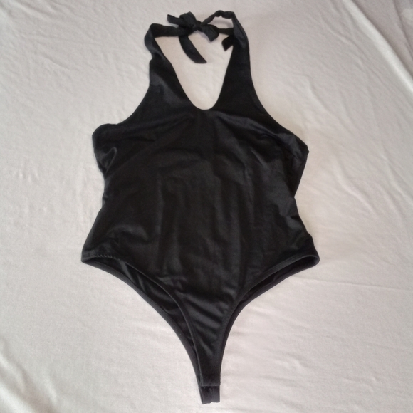 Francesca’s Boutique Blue Rain Black Nylon Spandex Thong Bodysuit XL NWT Stretch - Picture 1 of 12